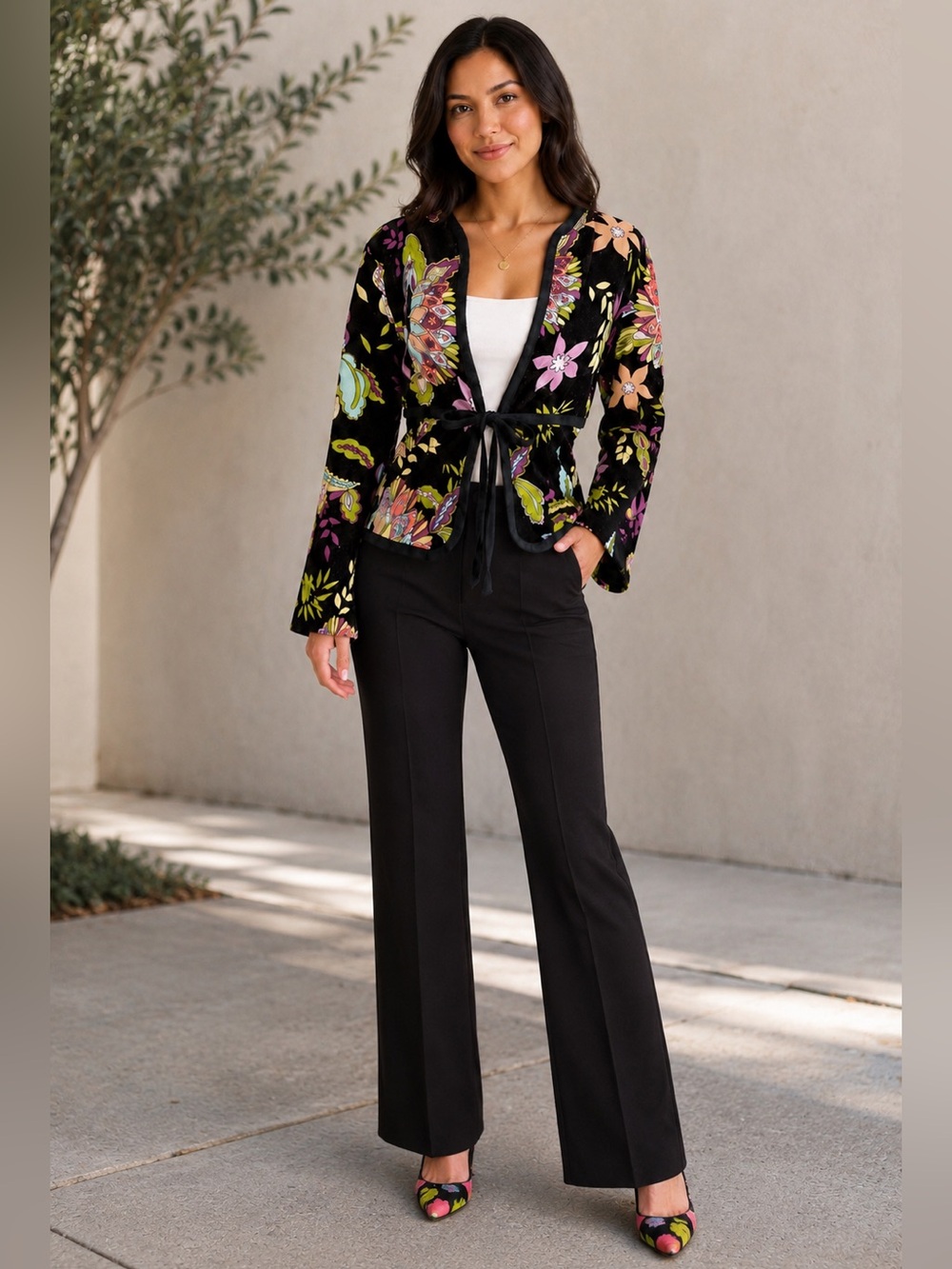 Trina Turk Black Floral Tie-Front Jacket M